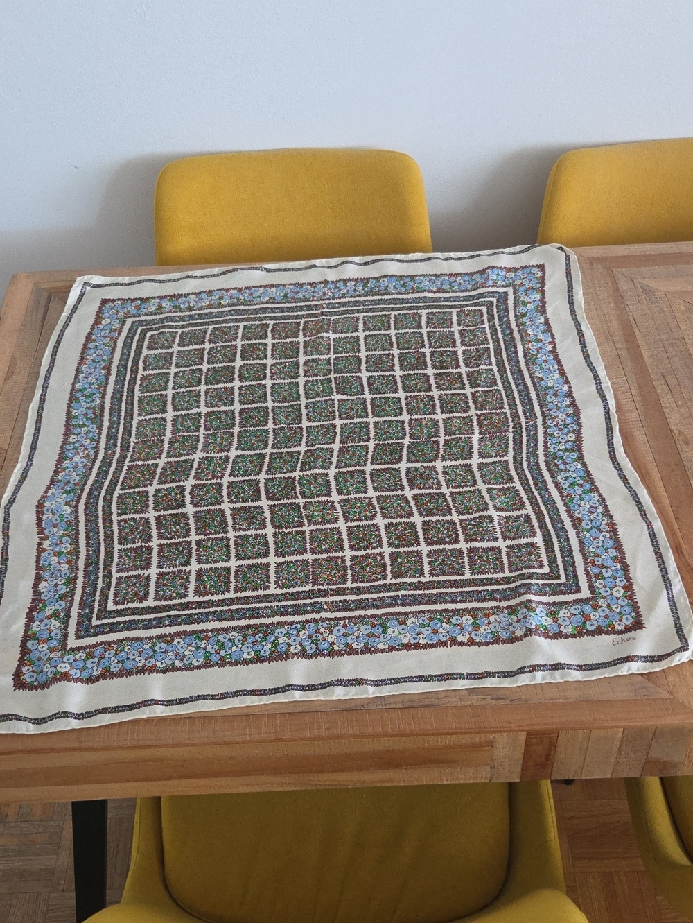 Echo Cream 100% Silk Scarf Square with Green Grid and Blue Floral Border